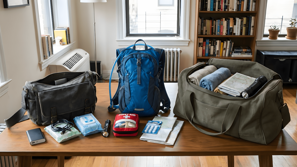 A documentary-style photo of three different bags laid out on a table: an everyday sling bag, an outdoor hydration bag, and a car trunk duffel. Visible items include a power bank, charging cables, wipes, a first aid kit, towels, water purification tablets, a flashlight, and paper maps. Urban practical vibe, neutral lighting, no branding, no weapons, no “tactical poster” look.