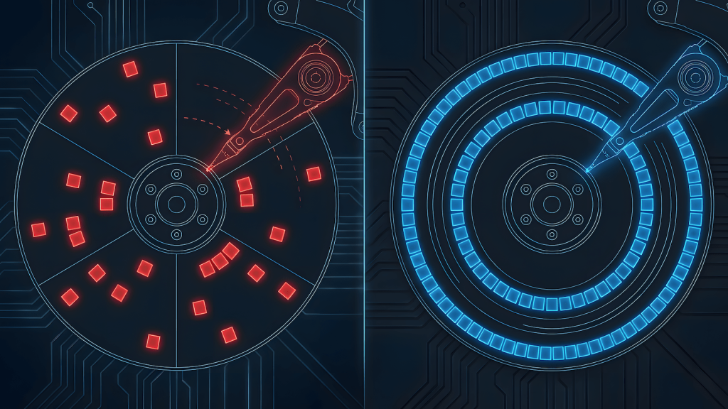 Hard drive fragmentation visualization comparing scattered file blocks versus organized defragmented storage layout