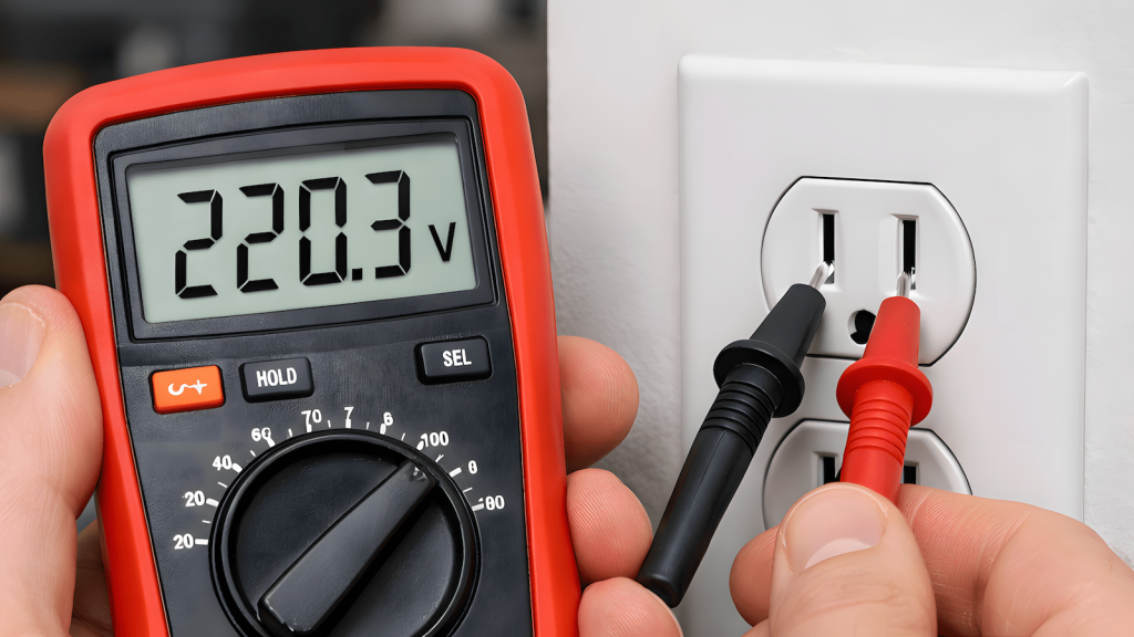 Digital multimeter testing voltage on electrical outlet showing 220V reading