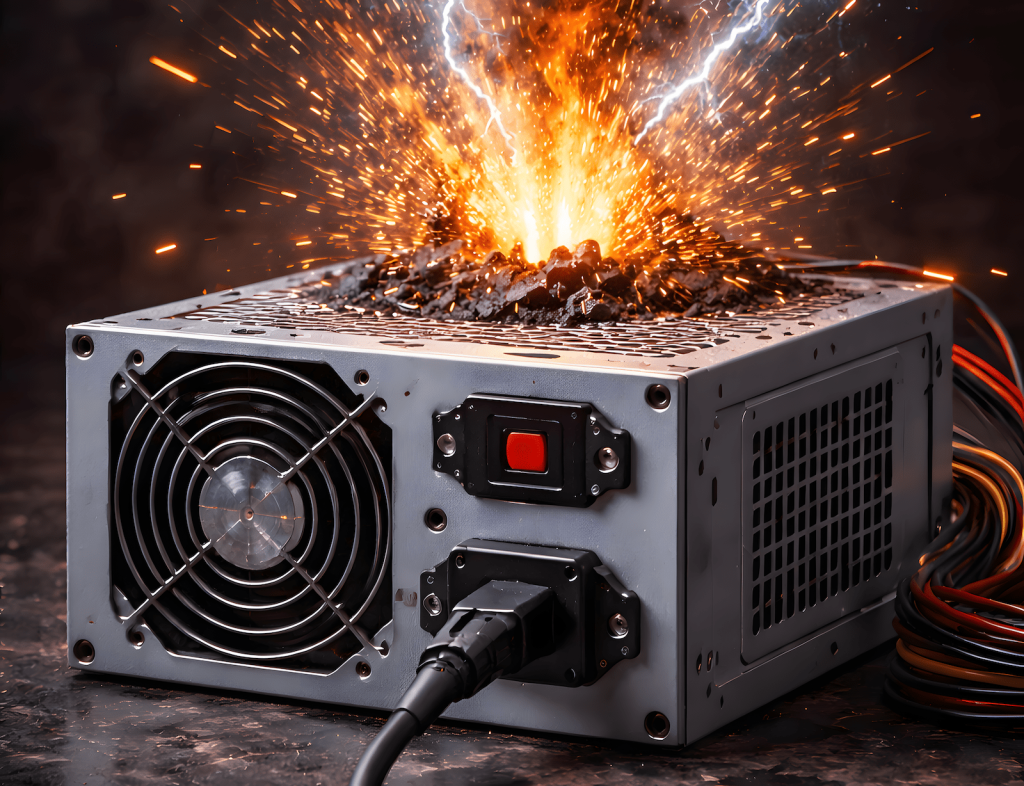 Computer power supply unit exploding with dramatic lightning bolts, fire, and sparks representing catastrophic failure from inadequate power delivery during GPU upgrades