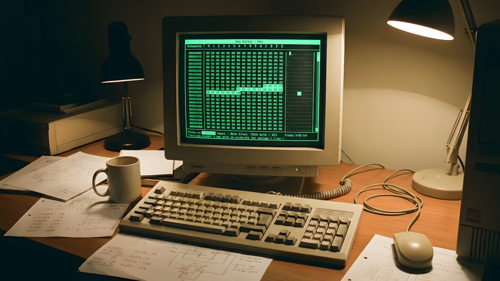 Hex editor open on a retro PC, representing learning hex editing through reverse engineering games.