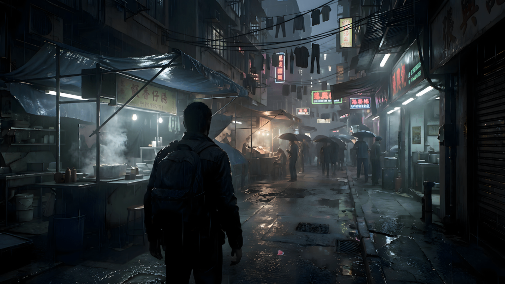 Nighttime Hong Kong street scene inspired by Sleeping Dogs, featuring neon lights, dense urban buildings, and a gritty action-game atmosphere
