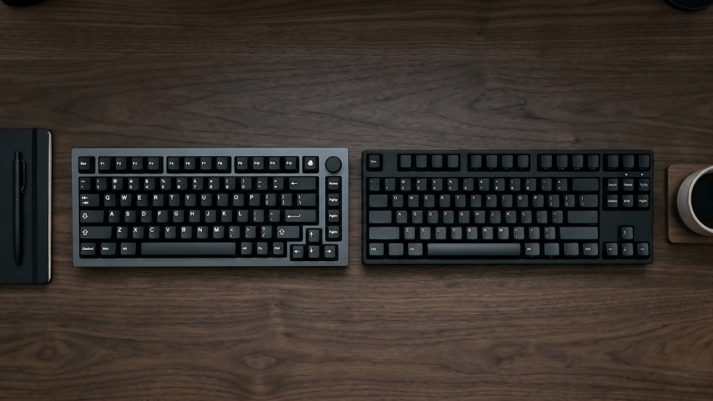 Two compact budget mechanical keyboards side by side on a dark desk surface showing TKL and 75 percent layouts