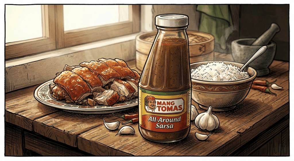 Illustrated artistic rendering of a Mang Tomas All-Around Sarsa bottle on a wooden table beside roasted pork, white rice, and garlic in a rustic kitchen setting.