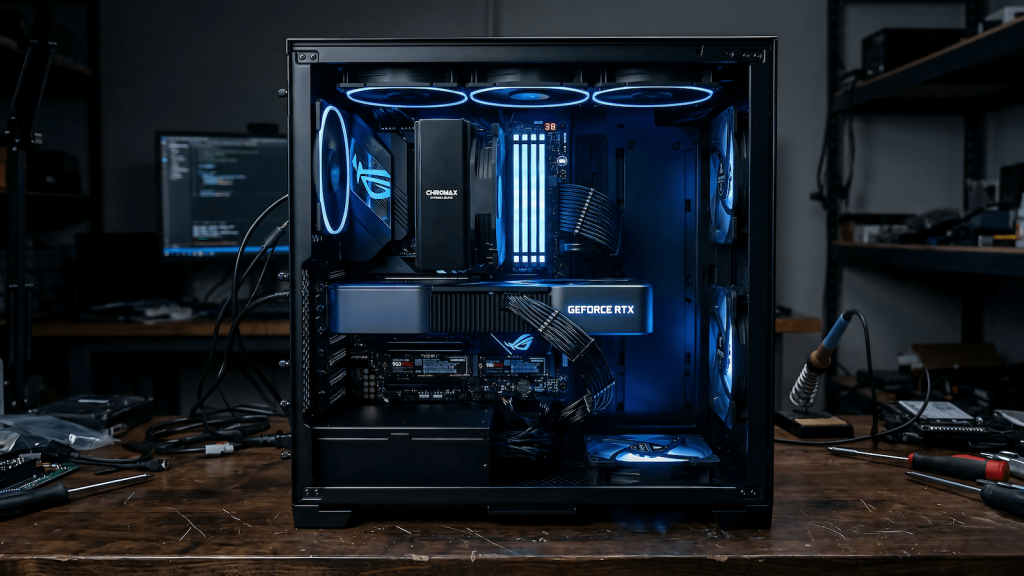 Open desktop PC tower showing GPU, RAM, and NVMe storage components for running local AI models