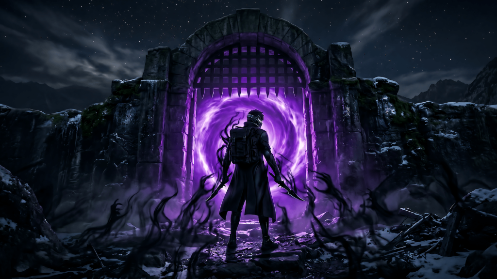 Hunter standing before a glowing dungeon gate in a Solo Leveling style scene