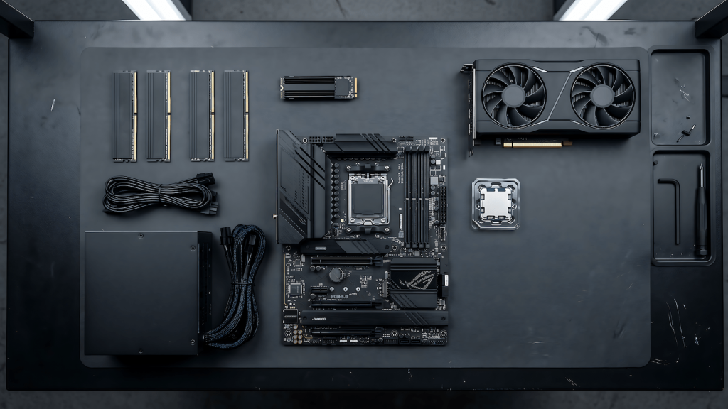A dark workshop desk with PC components laid out in an organized flat lay: GPU, CPU, motherboard, RAM sticks, NVMe drive, PSU. No RGB lighting. No glowing effects. Industrial lighting, clean shadows, technical aesthetic. No people. No branding visible on components.