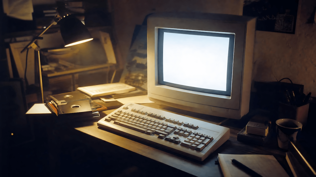 Dim room with a glowing retro CRT monitor and mechanical keyboard, evoking 90s PC gaming nostalgia