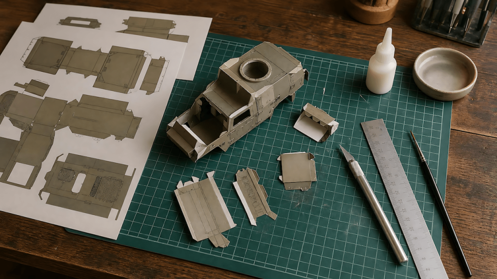 Papercraft model build in progress on a hobby desk with cutting tools and cardstock