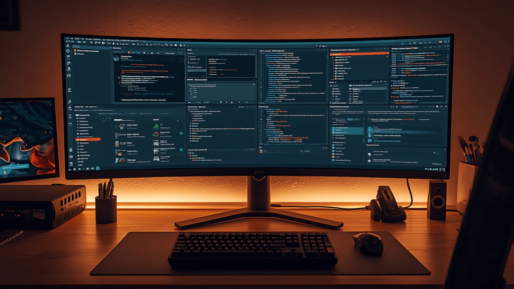 Desk setup showing the best computer monitor for a multitasking home office workspace