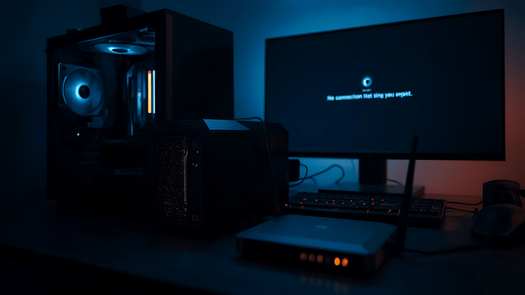A gaming PC and NAS setup with a disconnected router, representing offline game library preparation