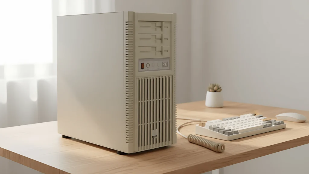 A sleeper PC build with a plain beige case and no RGB lighting on a desk