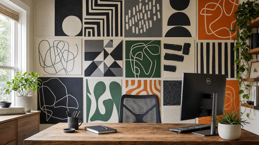 Home office wall featuring hand-painted panel wall art with contrasting geometric and freehand patterns