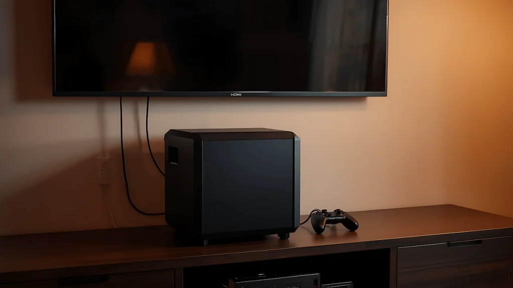Mid-tower PC set up as a home media server beneath a living room TV