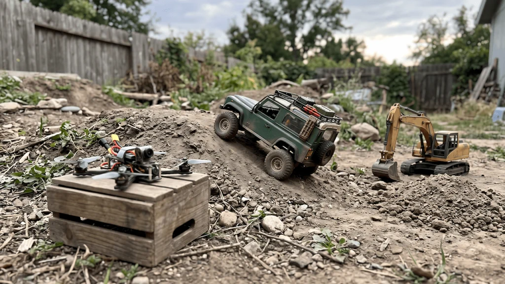 RC cars on a backyard dirt course, with a Defender style rock crawler on a mound, a remote control excavator and a mini drone