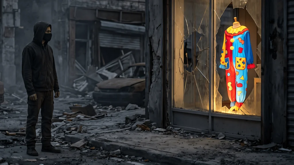 A plainly dressed figure in a dark mask on a ruined city street at dusk with a bright glowing costume in a shop window